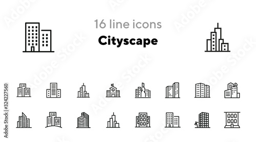 Cityscape line icon set. Set of line icons on white background. Architecture concept. Building, skyscraper, architecture. Vector illustration can be used for topics like apartment, estate, downtown