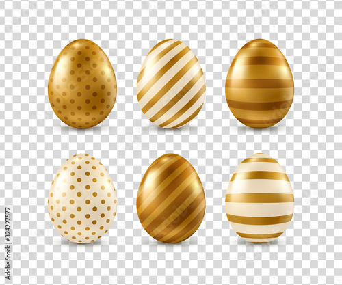 Set of vector golden realistic Easter eggs isolated on transparent background. Decorative design elements for Easter design.
