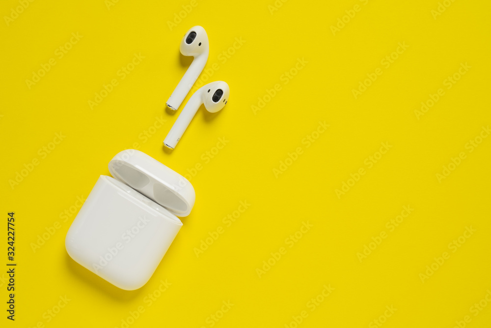 ROSTOV-ON-DON, RUSSIA - October 07, 2019: Apple AirPods wireless Bluetooth  headphones and charging case for Apple iPhone. New Apple Earpods Airpods in  box. Stock Photo | Adobe Stock