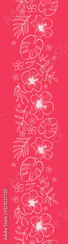 Lovely hand drawn tropical flowers and leaves vertical seamless pattern, hibiscus and palm tree leaves, great for textiles, banners, wallpapers - vector design