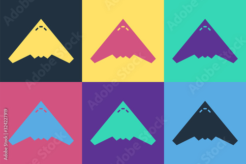 Pop art Jet fighter icon isolated on color background. Military aircraft. Vector Illustration