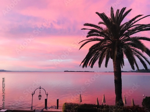 Gardasee bei Sonnenaufgang Gardone Riviera italien mit Palme