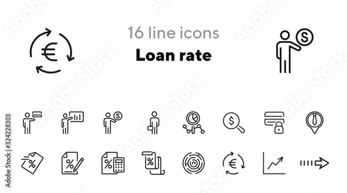 Loan rate icons. Set of line icons. Loan agreement, locked credit card, local job. Finance concept. Vector illustration can be used for topics like finance, business, banking