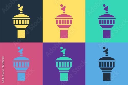 Pop art Radar icon isolated on color background. Search system. Satellite sign. Vector Illustration