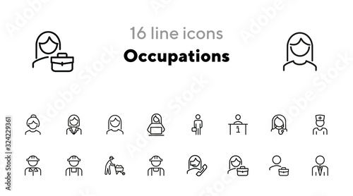 Occupations line icon set. Set of line icons on white background. Businessman, construction worker, doctor. Working concept. Vector illustration can be used for topics like career, professional growth