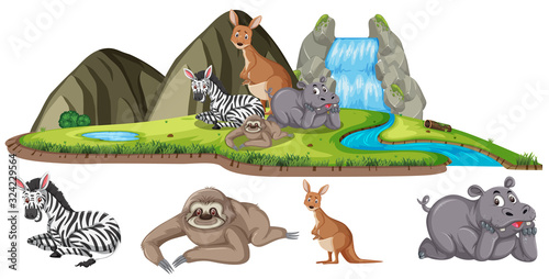 Scene with many wild animals by the waterfall