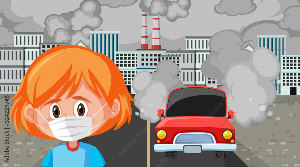 Naklejka premium Scene with girl wearing mask in the big city