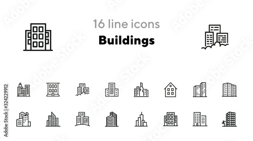 Buildings line icon set. Office, house, block of flats. City concept. Can be used for topics like residential accommodation, real estate, property