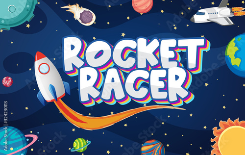 Poster design with rocket racer in dark space