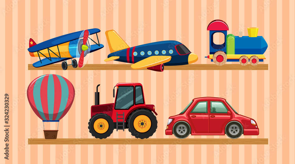 Naklejka premium Many transportation toys on wooden shelves