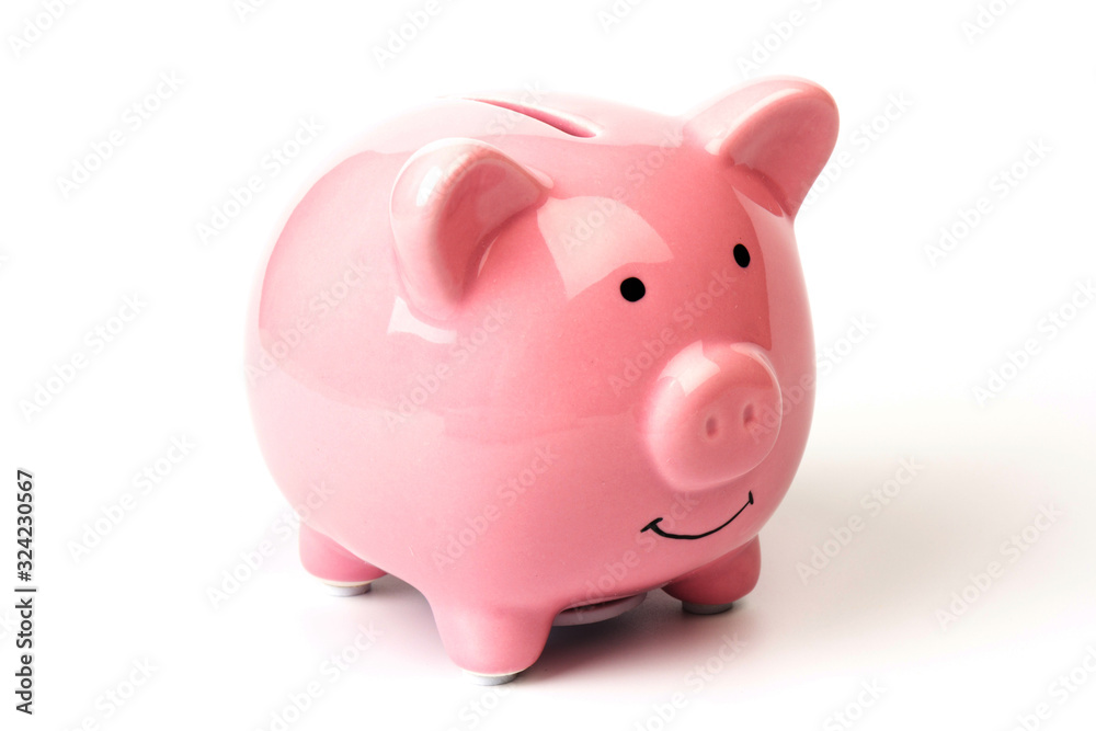 pink ceramic piggy Bank isolated on white background