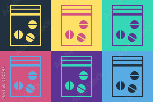 Pop art Plastic bag of drug icon isolated on color background. Health danger. Vector Illustration