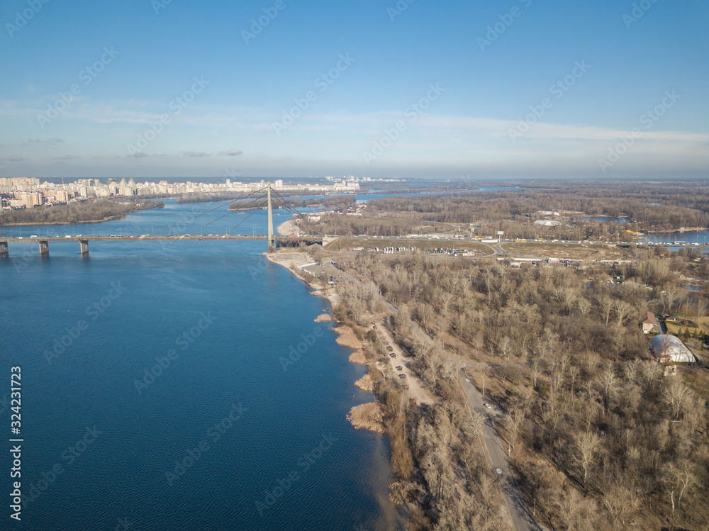 Aerial drone view. Dnieper River in Kiev in early spring.