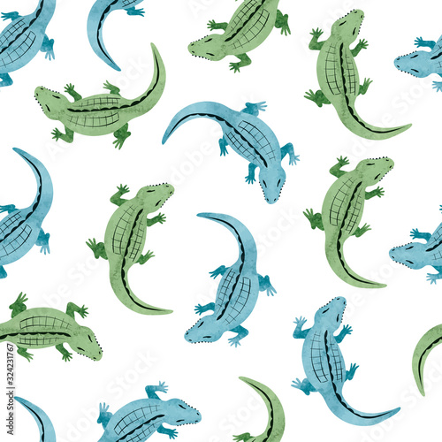 Green and blue watercolor crocodile pattern. Vector seamless background with alligators.