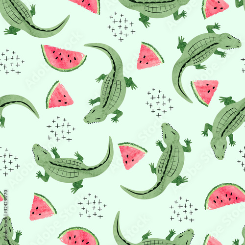 Seamless crocodile pattern with watermelon slices. Vector abstract trendy background.