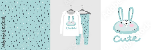 Seamless pattern and illustration for kid with mint rabbit.
