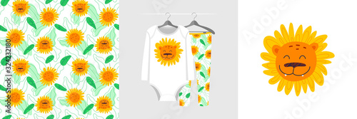 Seamless pattern and illustration with sunflowers and lion head.