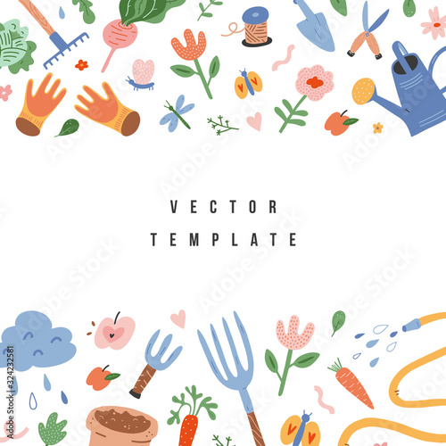 Gradening template banner with copy space, vector border template, square frame with balnk space decorated with gardening tools, plants and flowers, colorful hand drawn illustration, good as card