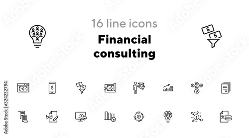 Financial consulting line icon set. Person, graph, paper, announcement. Finance concept. Can be used for topics like money, investment, advice, analysis