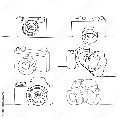 vector, isolated, single line drawing of a camera, set