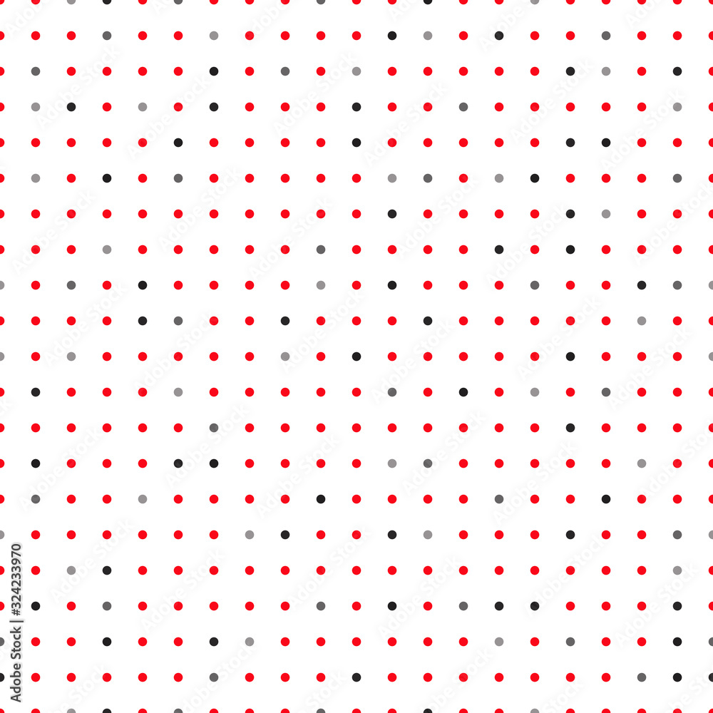 Red, gray and black polka dot on white backgound. Small dots. Vector seamless pattern