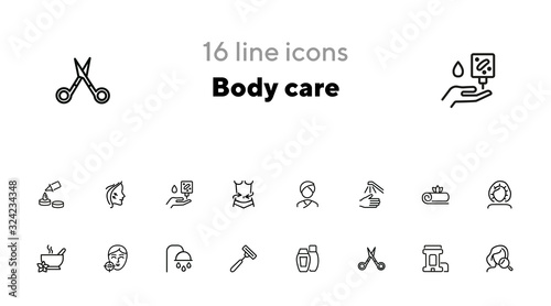 Body care line icon set. Problem skin, roll deodorant, scissors, shower. Beautician concept. Can be used for topics like hygiene, skin care, spa salon