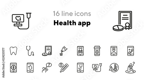 Health app line icon set. Smartphone, doctor call, test result. Medicine concept. Can be used for topics like medical service, urgent help, online consulting