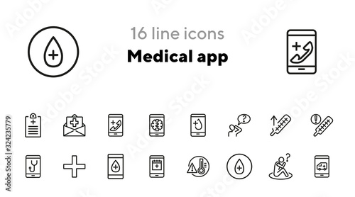 Medical app line icon set. Insurance, high body temperature, ambulance call. Medicine concept. Can be used for topics like emergency, disease, online consulting
