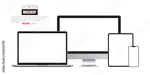 Mockup set of device. Realistic set of Monitor, laptop, tablet, smartphone. Vector