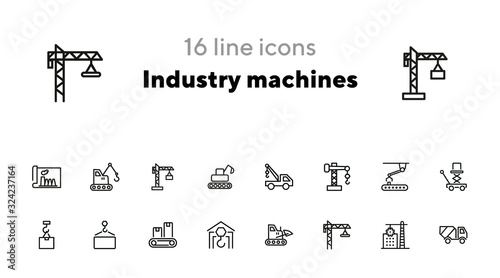 Industry machines line icon set. Concrete mixer, crane, site. Machinery concept. Can be used for topics like construction, robotic science, technology