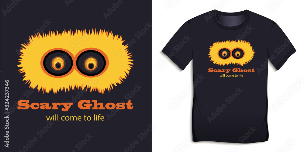 Print on t-shirt graphics design, yellow spook with big eyes, text with the words Scary Ghost will come to life, isolated on background vector Print on t-shirt graphics design, yellow spook with big eyes, text with the words Scary Ghost will come to life, isolated on background vector