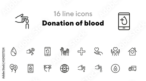 Donation of blood line icon set. Heart on hand, blood test, donor. Volunteering concept. Can be used for topics like transfusion, help, charity