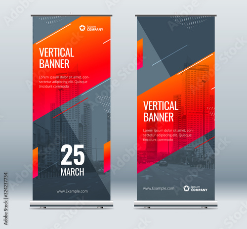 Red Business Roll Up Banner. Abstract Roll up background for Presentation. Vertical roll up, x-stand, exhibition display, Retractable banner stand or flag design layout for conference, forum.