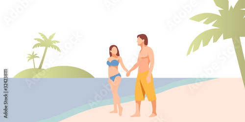 Couple of lovers on the beach. Woman holding hands with man on seashore. Tropical islands. Palm trees. Traveling picnic concept. Boyfriend and girlfriend. Honeymoon on island - Flat illustration.