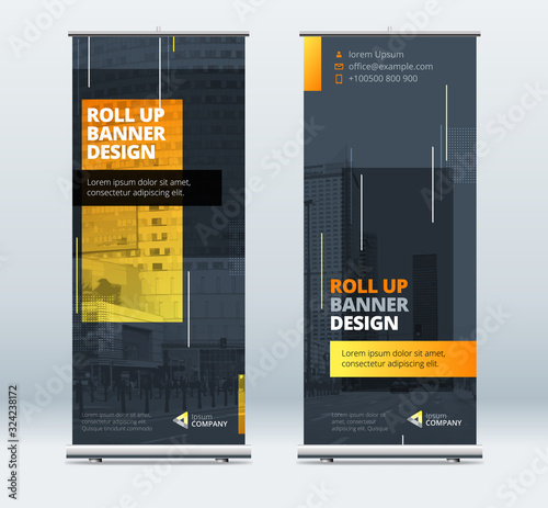 Business Roll Up Banner. Abstract Roll up background for Presentation. Vertical roll up, x-stand, exhibition display, Retractable banner stand or flag design layout for conference, forum.