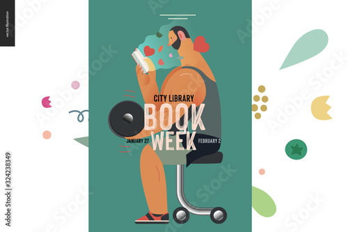 Weight lifting poster design template -World Book Day graphics -book week events. Modern flat vector concept illustrations of reading people -a brunette man lifting a dumbbell, reading a romance novel
