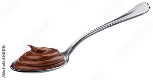 Swirl of chocolate cream in spoon isolated on white background photo