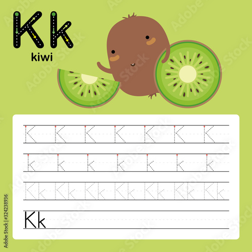 Alphabet tracing worksheet for preschool and kindergarten to improve basic writing skills, letter K, kiwi, vector, illustration 
