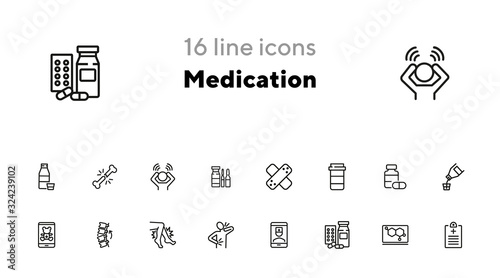 Medication line icon set. Adhesive bandage, pills, pain, symptoms. Healthcare concept. Can be used for topics like treatment, therapy, cure
