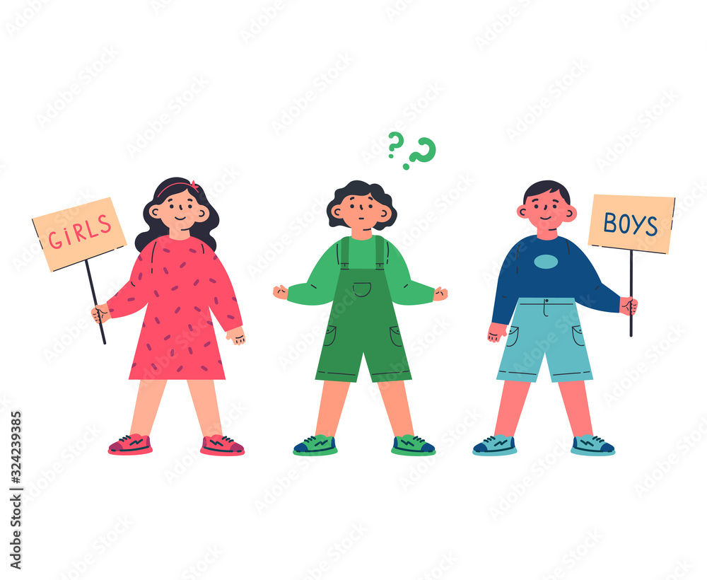 Girl Boy And Gender Neutral Child Standing Together Gender Neutrality Blu Pink Green Colour Children With Sign No Discrimination Cartoon Character On White Background Colorful Vector Illustration Stock Vector Adobe Stock