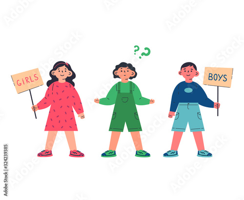 Girl, boy and gender neutral child standing together.Gender neutrality.Blu,pink,green colour.Children with sign.No discrimination.Cartoon character on white background.Colorful vector illustration
