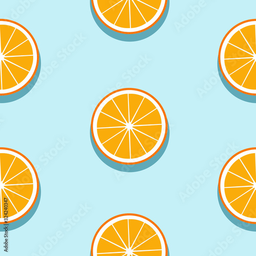 Seamless blue background with slices oranges with shadow. Vector fruit design for pattern or template.