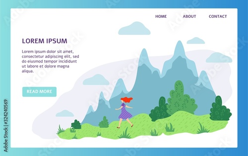 Girl walking in nature, mountain hiking vacation website design, vector illustration. Simple nature landscape in flat style, woman in dress walk on summer meadow. Vacation travel, outdoor activity