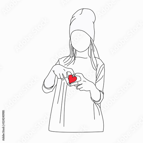 Vector stock illustration of a girl. Monochrome silhouette of a girl in love. Declaration of love. Tin hands heart. line drawing silhouette . For postcards, print on t-shirts, posters, and Valentines.