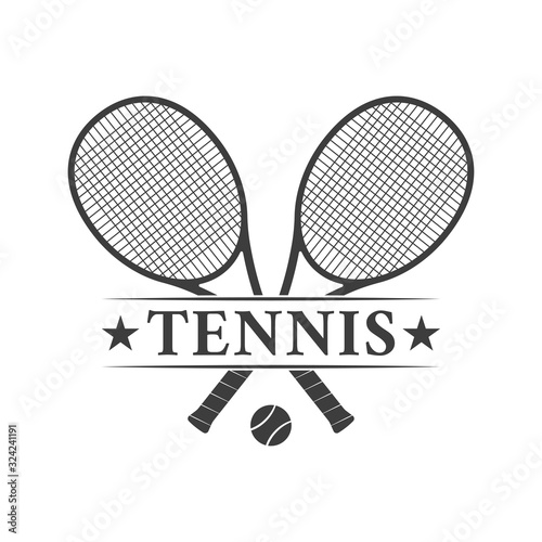Tennis logo design or icon with two crossed rackets and tennis ball. Vector illustration.