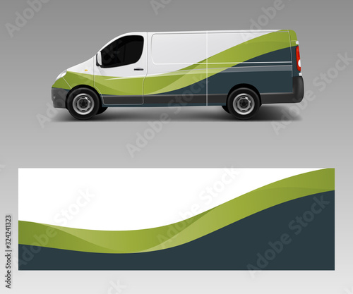 Cargo van decal with green wave shapes , truck and car wrap vector, Graphic abstract stripe designs for wrap branding vehicle