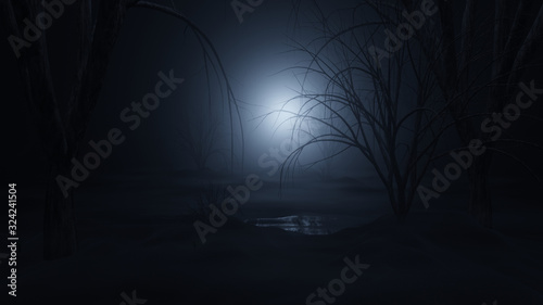 dark and foggy forest swamp 3d rendering illustration background