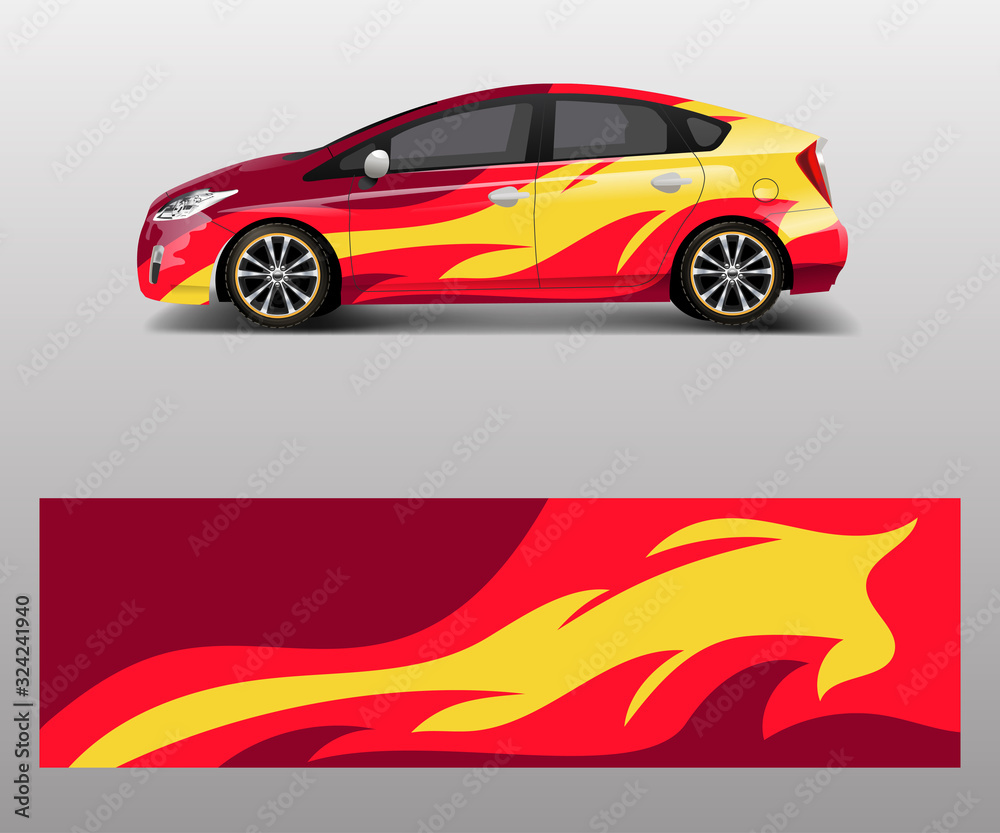 Car wrap decal design vector. Graphic abstract flame shapes racing designs for vehicle, rally, race, adventure template design vector