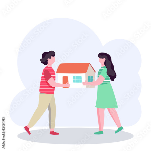 Couple holding a model of new house, real estate mortgage concept, vector illustration. Man and woman cartoon characters buying or building house. Real estate project investing for young family couple