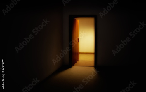 Obraz na plátne Light shining through open door in dark empty room symbolizing hope, opportunity